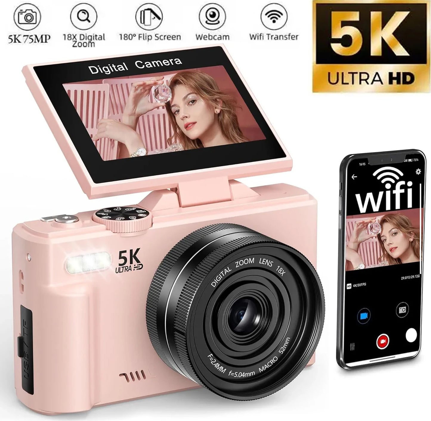 5K 75MP Vlogging Camera 18X Zoom Flip Screen with Flash