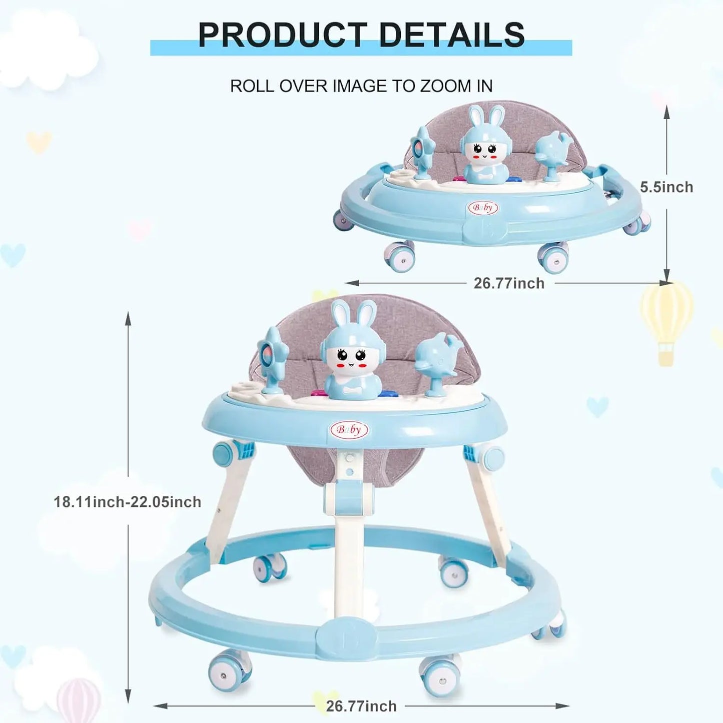 Foldable Musical Baby Walker 6 Wheel Adjustable