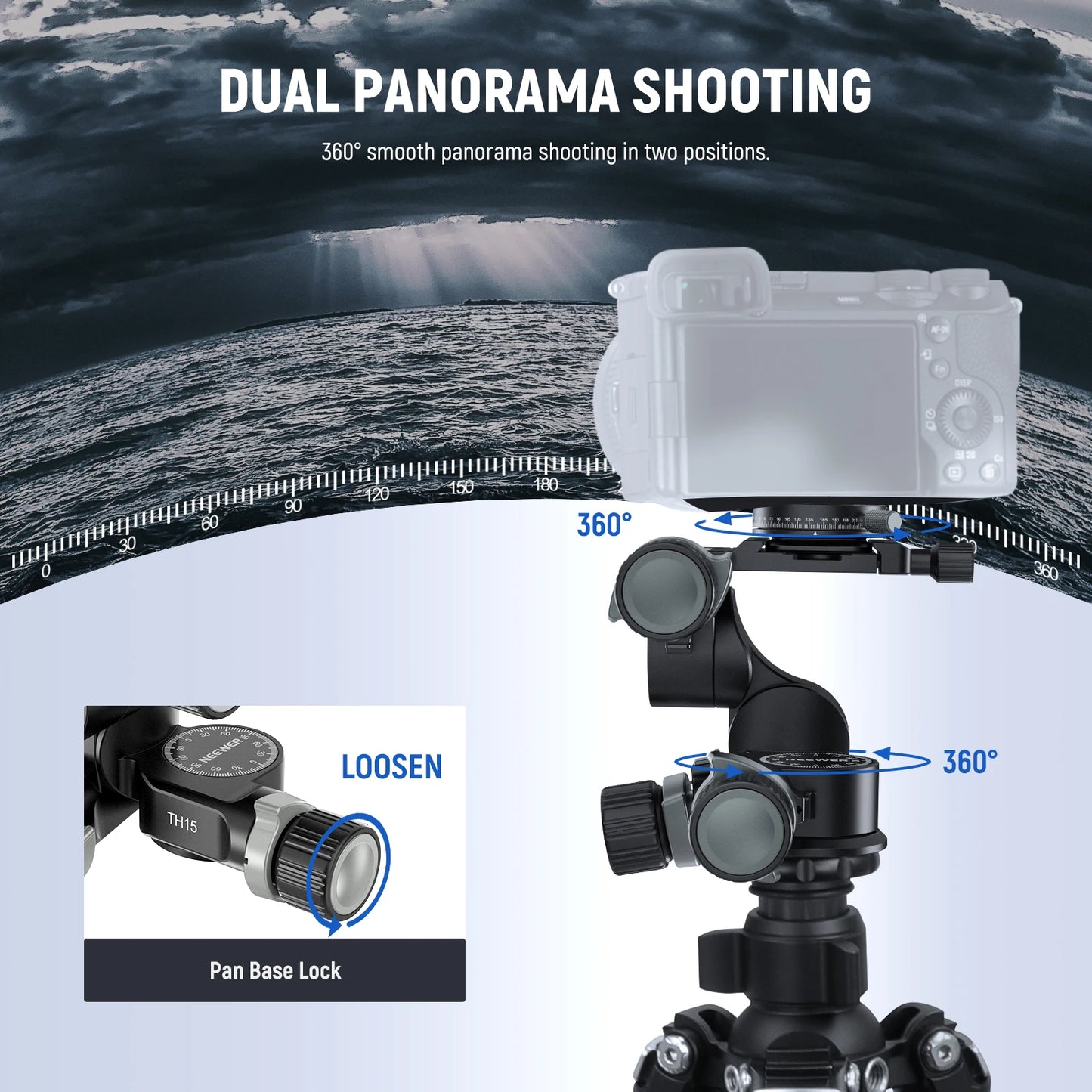 3-Way Geared Tripod Head with 360° Panoramic Control