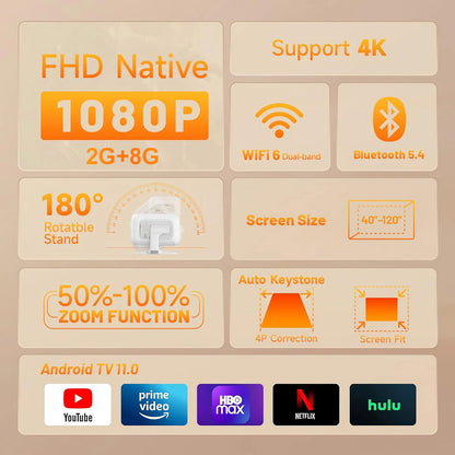 Portable 4K Projector Native 1080P 600 ANSI Android Auto Focus