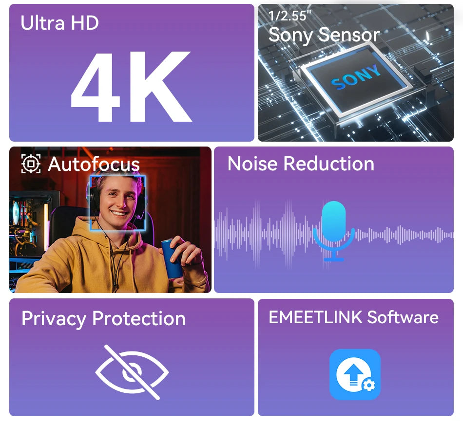 4K Autofocus Webcam with Dual Noise Cancelling Microphones