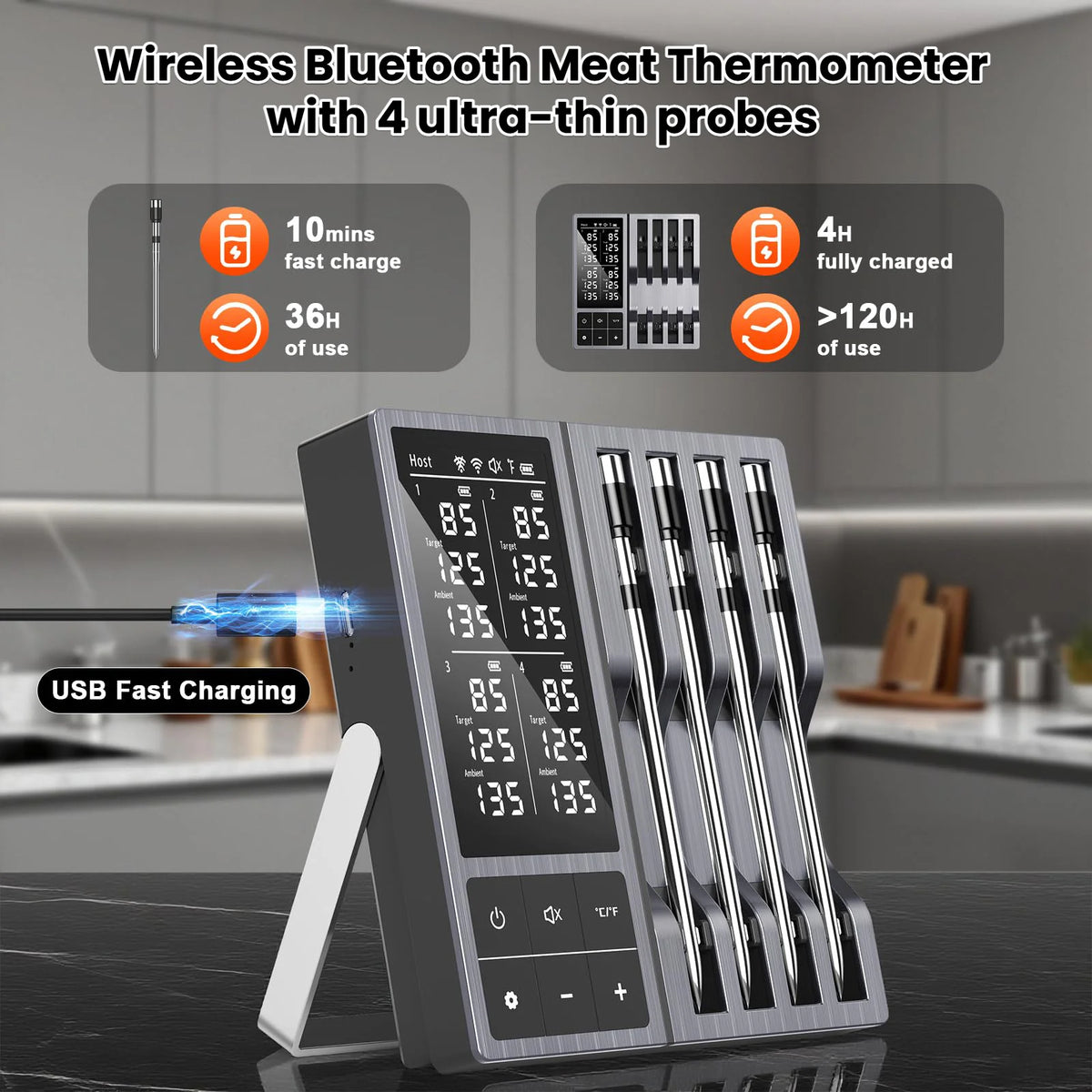 Wireless Bluetooth Meat Thermometer 4 Probe Smart BBQ