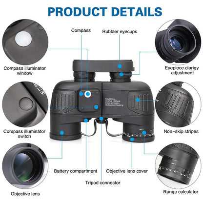10x50 Marine Binoculars with Compass Rangefinder, IPX7 Waterproof