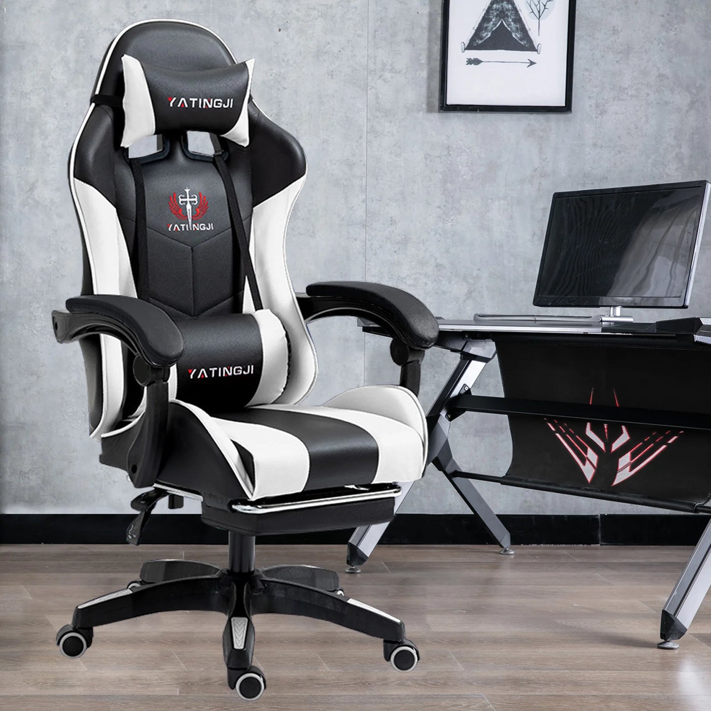 PU Leather White Gaming Chair with Footrest Adjustable Seat