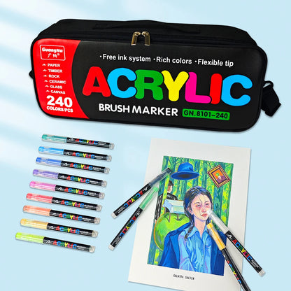 240 Colours Brush Tip Acrylic Paint Markers Carry Bag Set