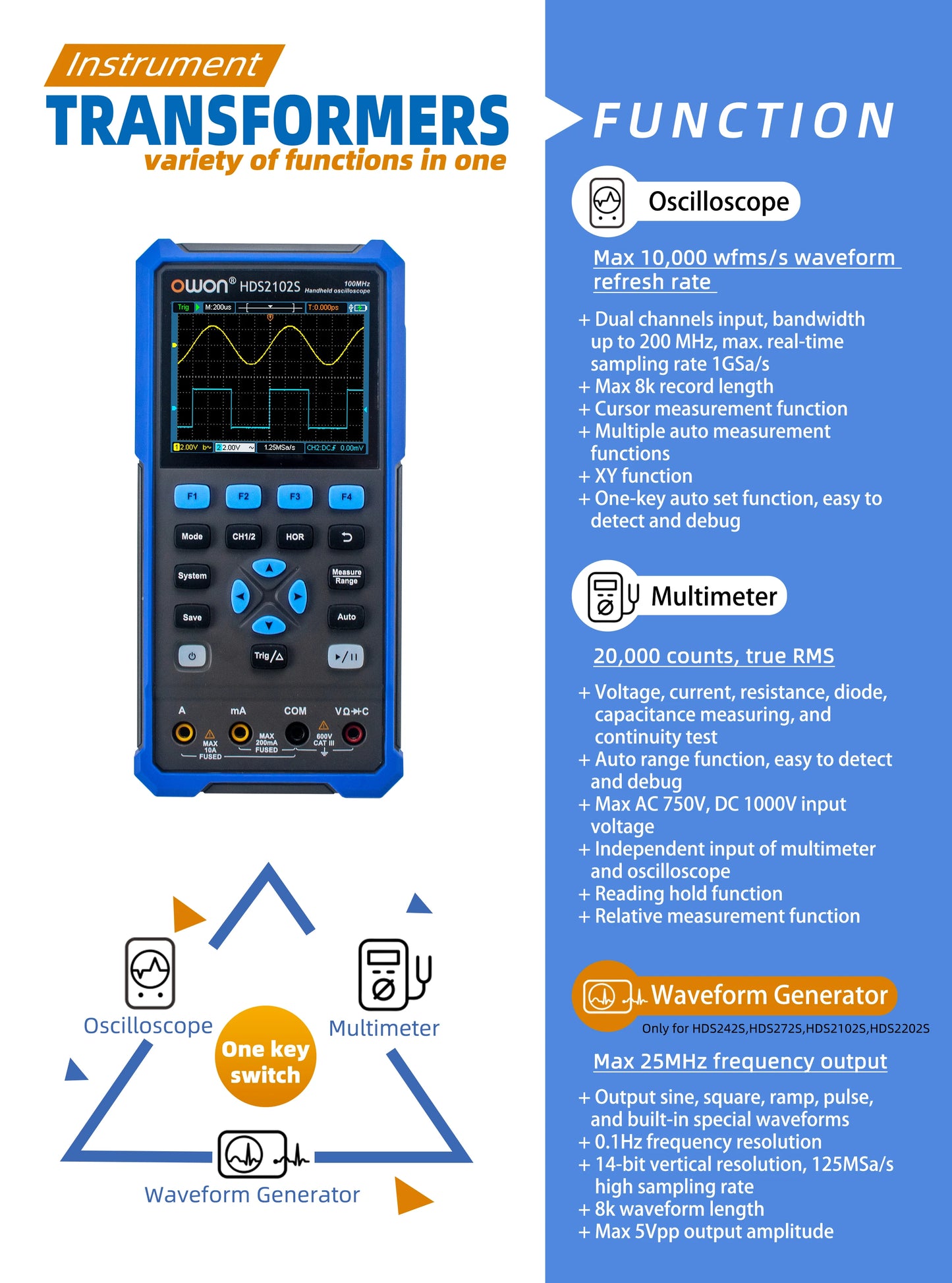 Handheld Digital Oscilloscope 40MHz Dual Channel with Multimeter