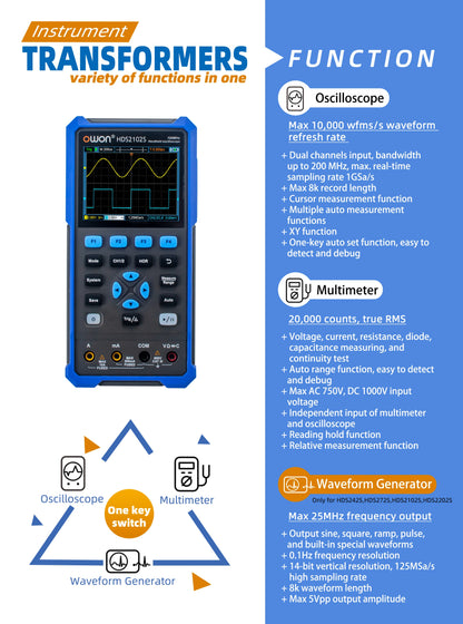 70MHz 3-in-1 Handheld Oscilloscope with Multimeter & Generator