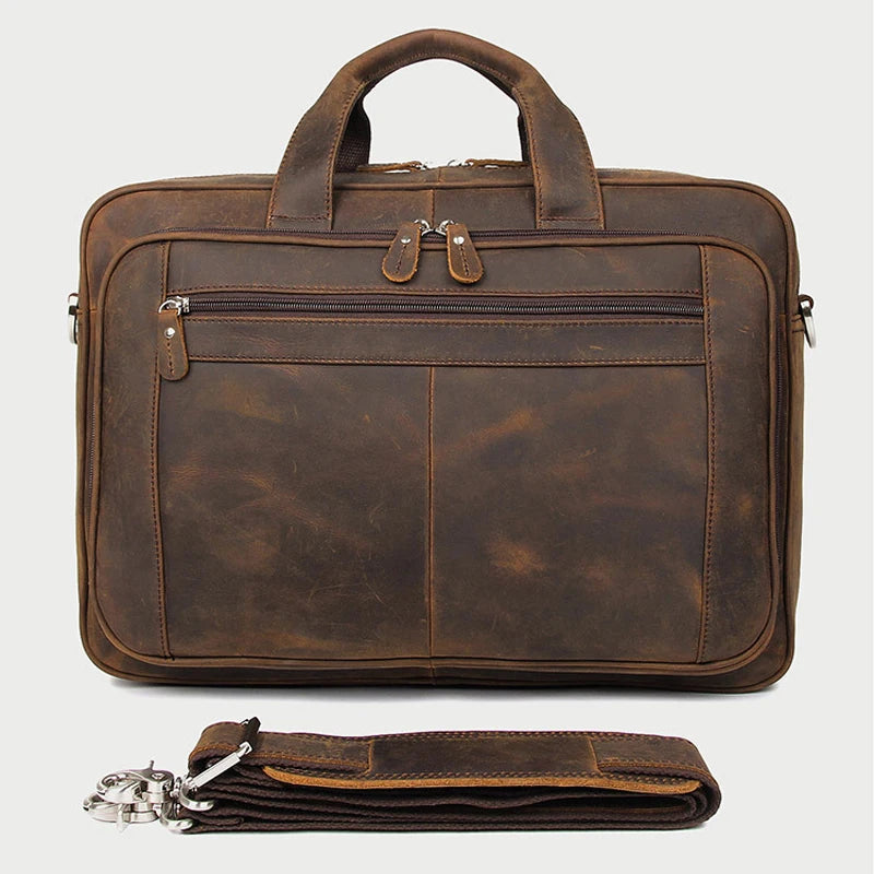 Coffee Leather Business Laptop Bag 17" with Shoulder Strap