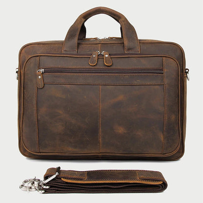 Coffee Leather Business Laptop Bag 17" with Shoulder Strap