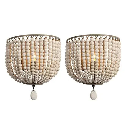 Vintage Industrial Wall Light White Wooden Bead 2 Pack