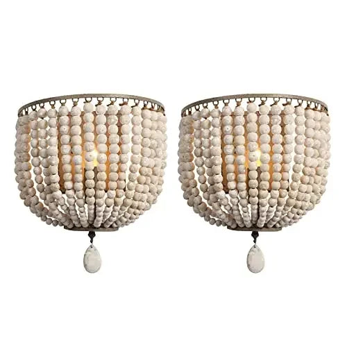 Vintage Industrial Wall Light White Wooden Bead 2 Pack