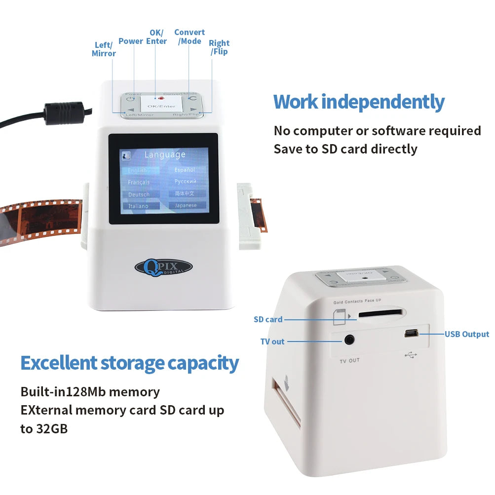 White Portable Film Scanner 16GB SD Card LCD Display