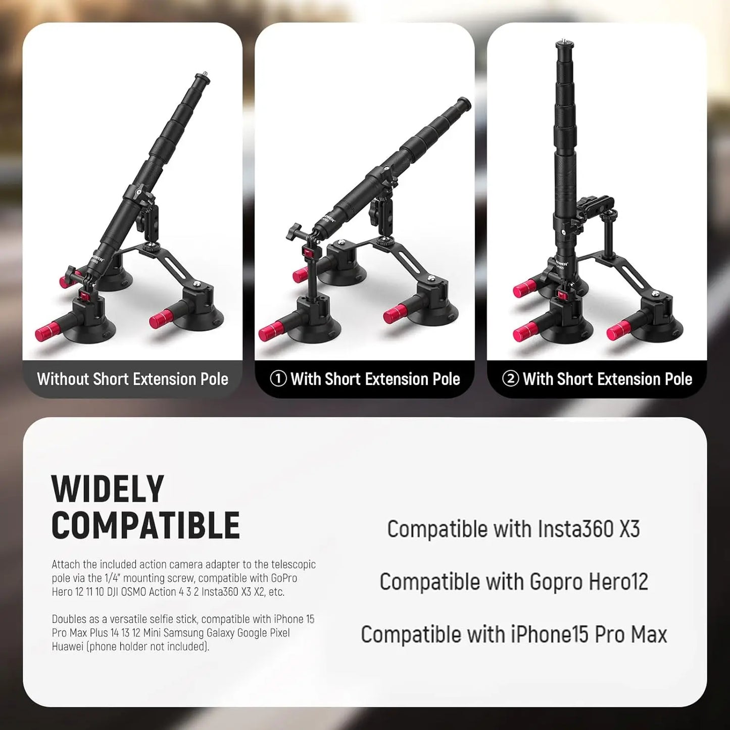 Portable Suction Cup Car Mount and Extension Pole for GoPro