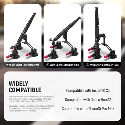 Portable Suction Cup Car Mount and Extension Pole for GoPro