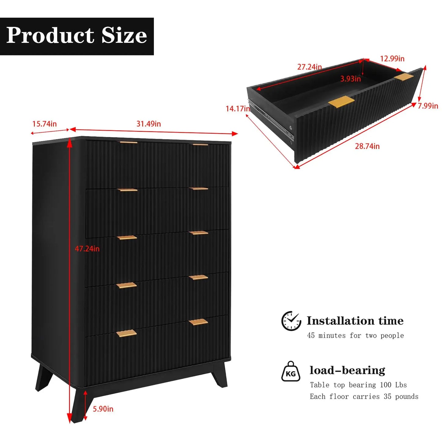 Modern 5 Drawer Tall Dresser Wave Fluted Design