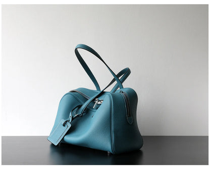 Large Leather Bowling Handbag Laptop Tote Work Bag Blue