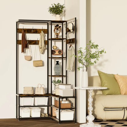 Rustic Corner Coat Rack Bench with Shoe Storage & Hooks
