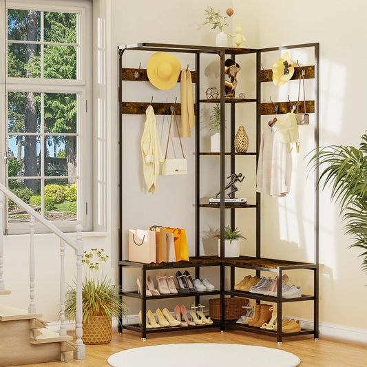 Heavy Duty Corner Hall Tree Coat Stand with Shoe Bench