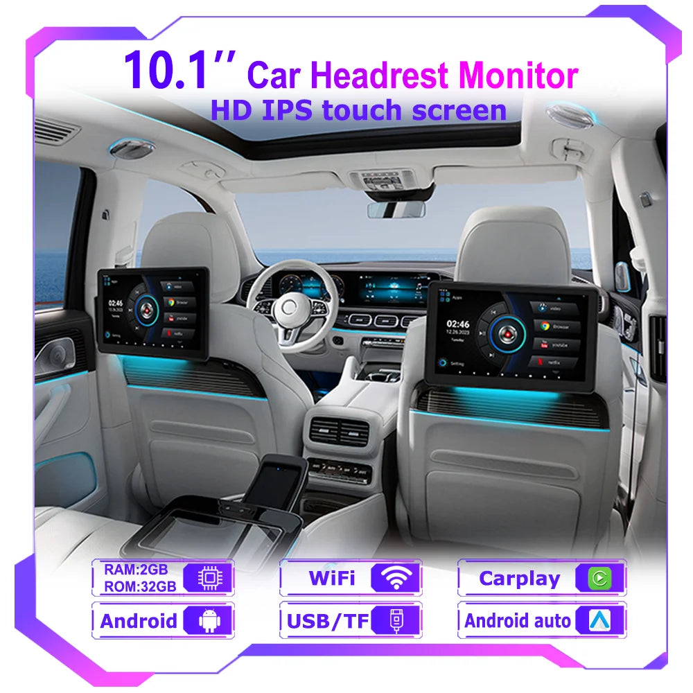 Dual 10.1" Car Headrest Screens with CarPlay and Lights