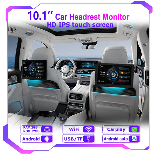 Dual 10.1" Car Headrest Screens with CarPlay and Lights
