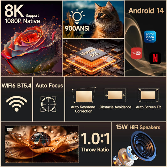 900 ANSI 1080p Laser Projector with Auto Focus & WiFi6