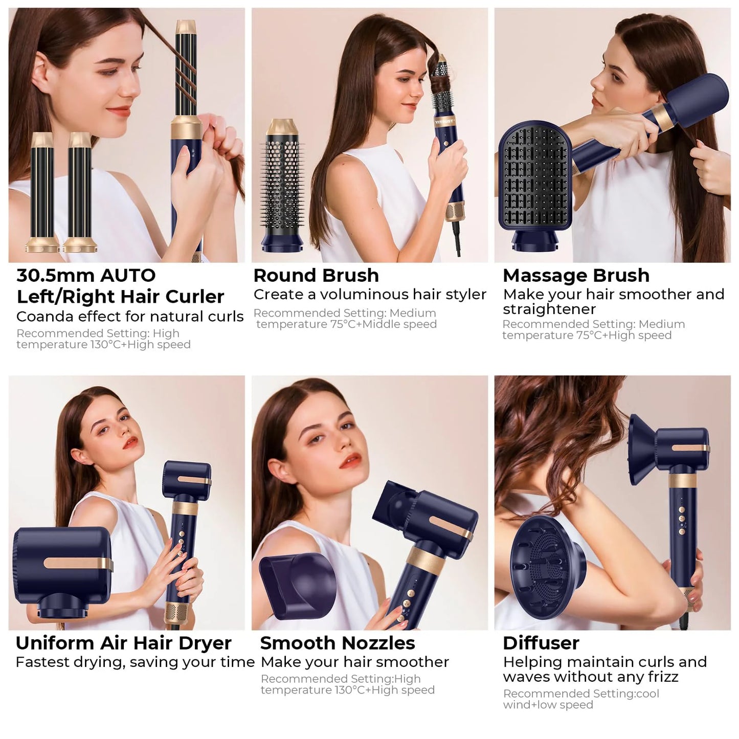 7 in 1 Hair Dryer Brush with Ionic Hot Air Comb