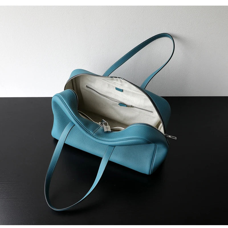 Large Leather Bowling Handbag Laptop Tote Work Bag Blue