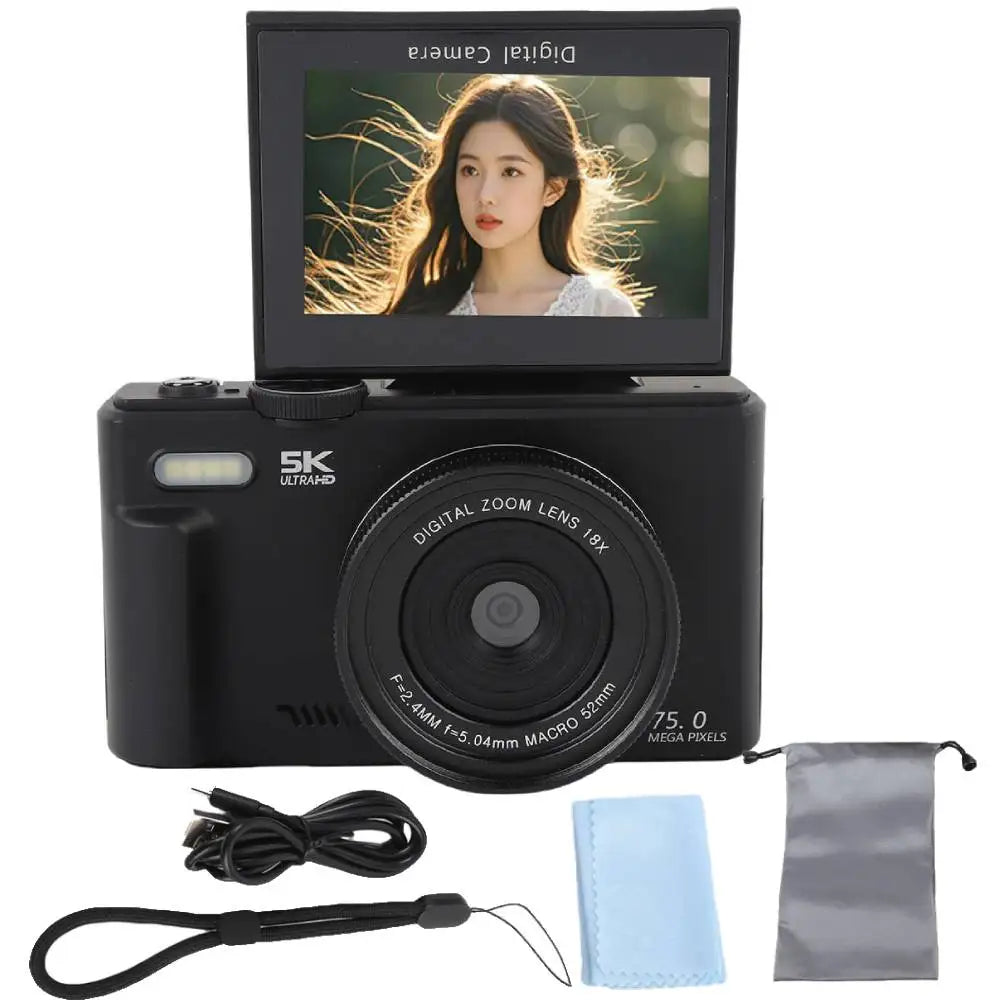 75MP 5K Digital Camera Flip Screen 18X Zoom 64GB