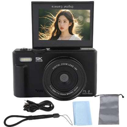 75MP 5K Digital Camera Flip Screen 18X Zoom 64GB