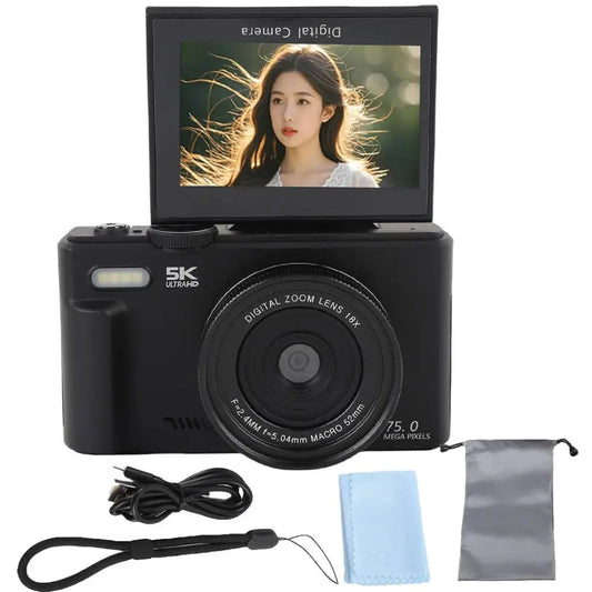 75MP 5K Digital Camera Flip Screen 18X Zoom 64GB