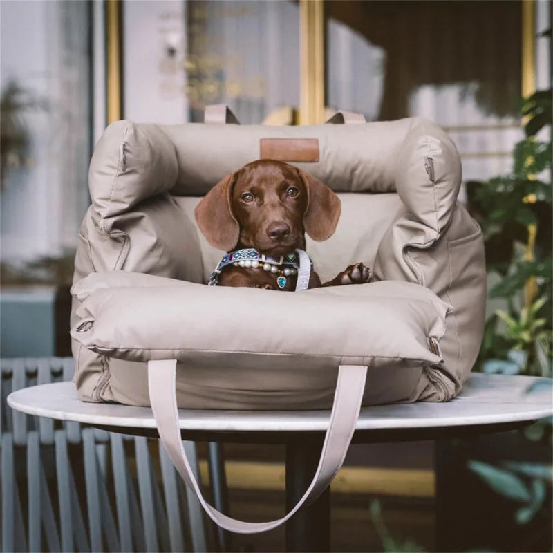 Beige Waterproof Dog Car Seat Travel Booster Bed