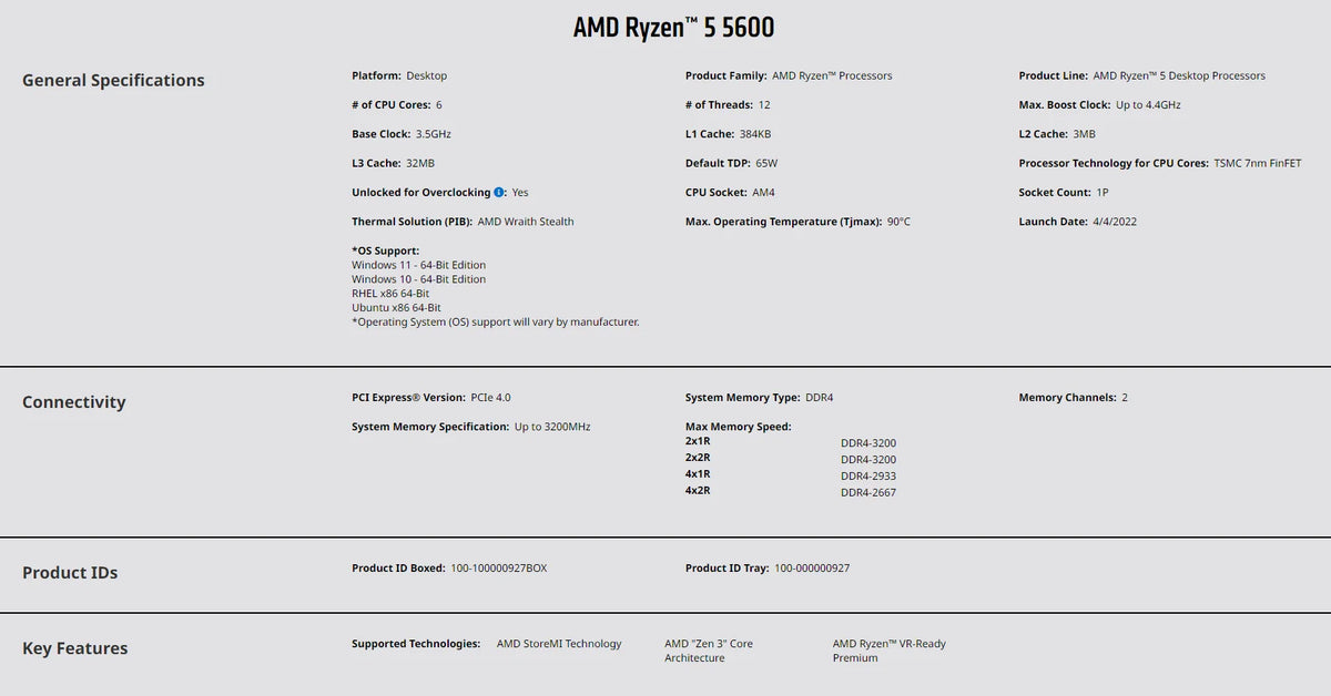 Ryzen 5 5600 6-Core 12-Thread AM4 CPU 3.5GHz