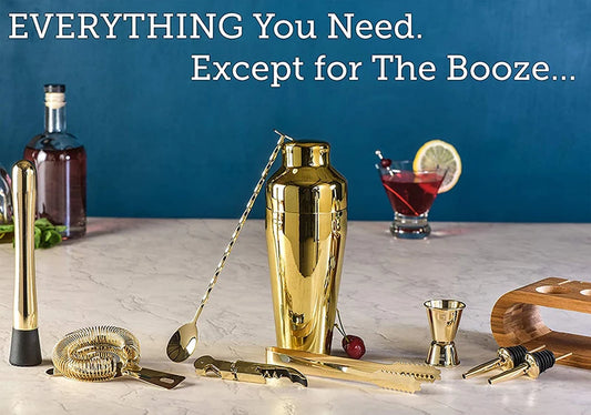 10 Piece Gold Cocktail Shaker Set with Bamboo Stand