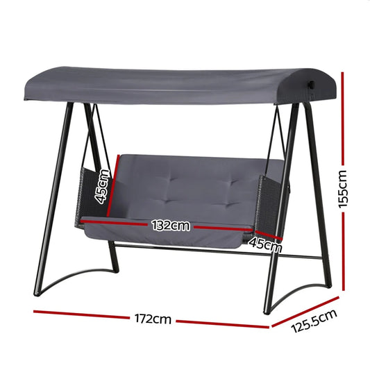 Garden Rattan Swing Bench with Canopy for 3 People