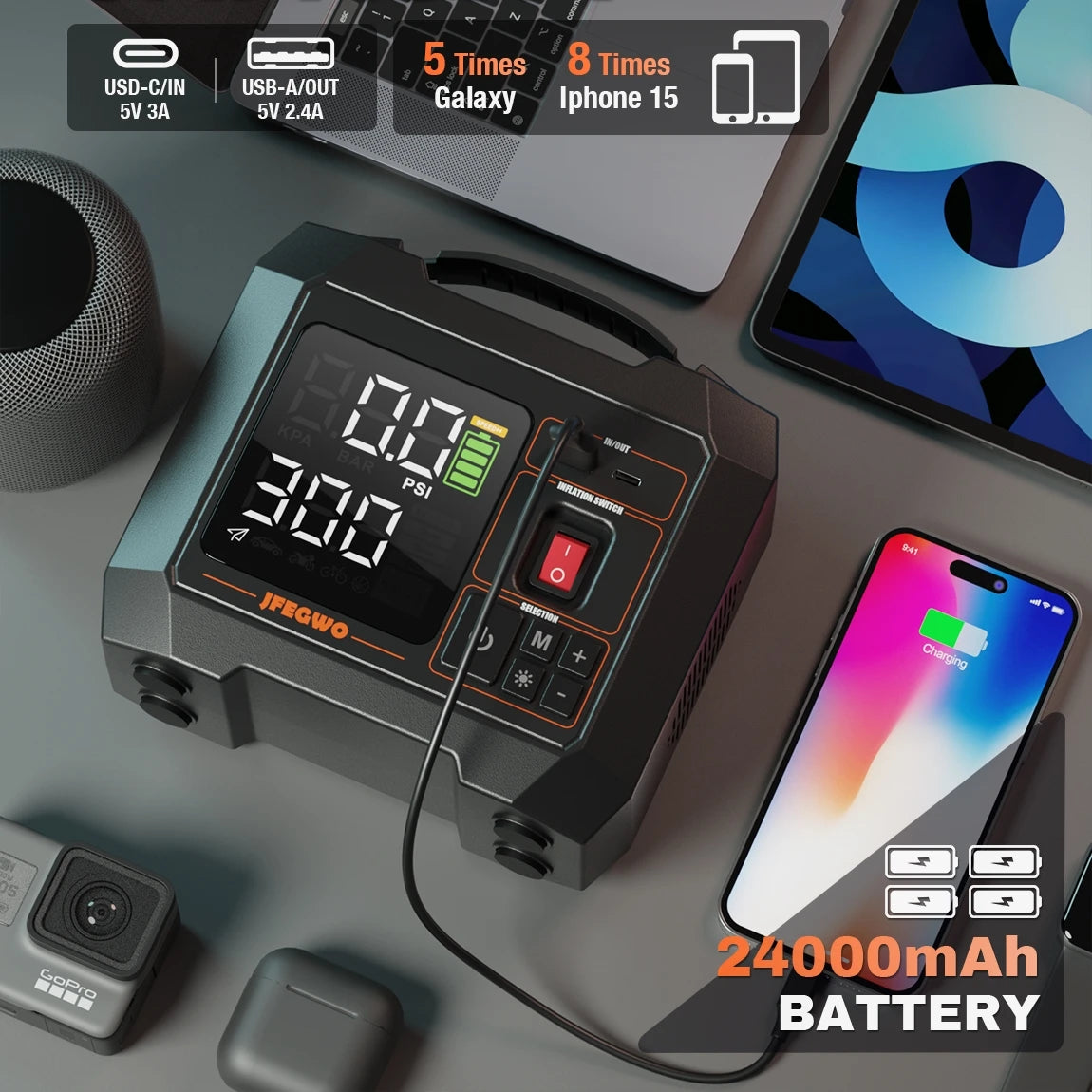 Rechargeable Car Tyre Inflator 24000mAh Air Compressor