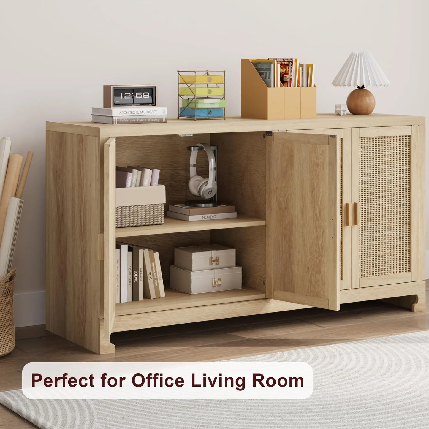 Rattan 4 Door Storage Cabinet Wooden Sideboard Console