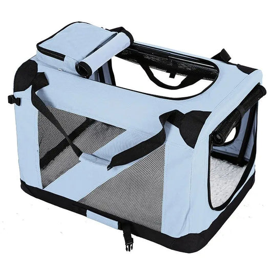 Blue Foldable Pet Carrier Kennel for Car Travel 82×58×58cm