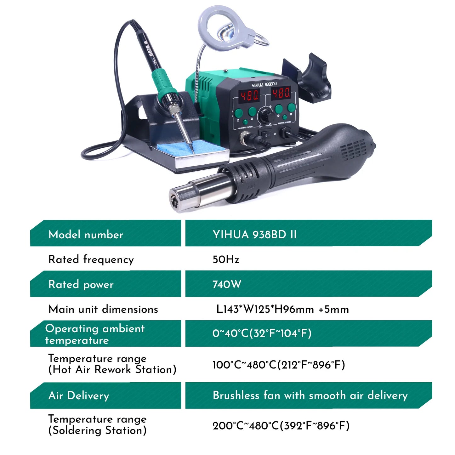 740W Hot Air Rework Soldering Station with LED Lamp