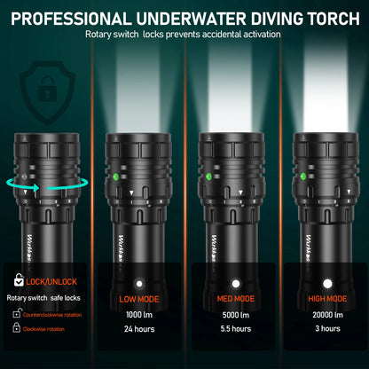 Super Bright Diving Flashlight 20000 Lumens 608m Range