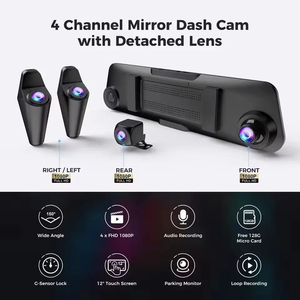 12 Inch 4-Channel Dash Cam 4×1080P GPS WiFi Touchscreen