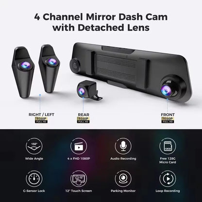 12 Inch 4-Channel Dash Cam 4×1080P GPS WiFi Touchscreen