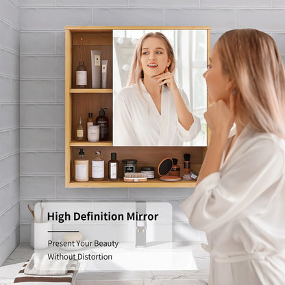Wall Mounted Bamboo Bathroom Cabinet with Mirror and Shelves