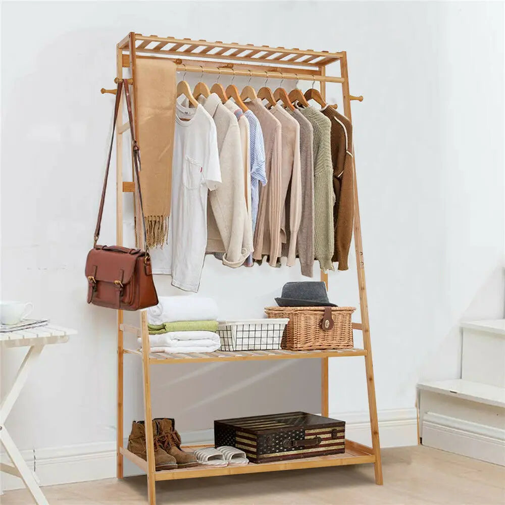 Heavy Duty Bamboo Garment Rack with Hanging Rail & Shelves
