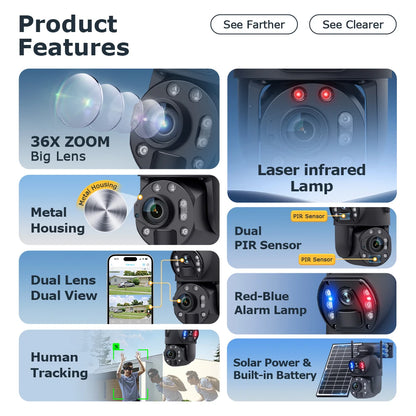 Outdoor WiFi CCTV Camera 36X Zoom Solar 128TF