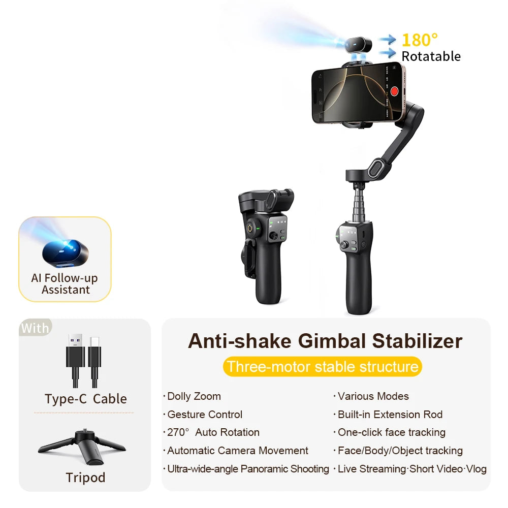 Handheld Phone Gimbal 3-Axis Stabilizer with Extension Rod