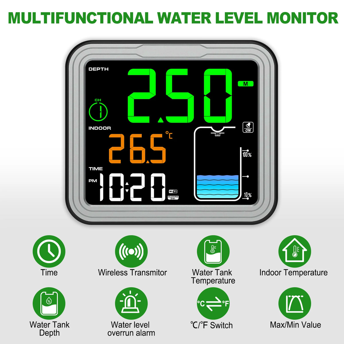 8in1 Wireless Tank Level Monitor with Alarm & LCD Display