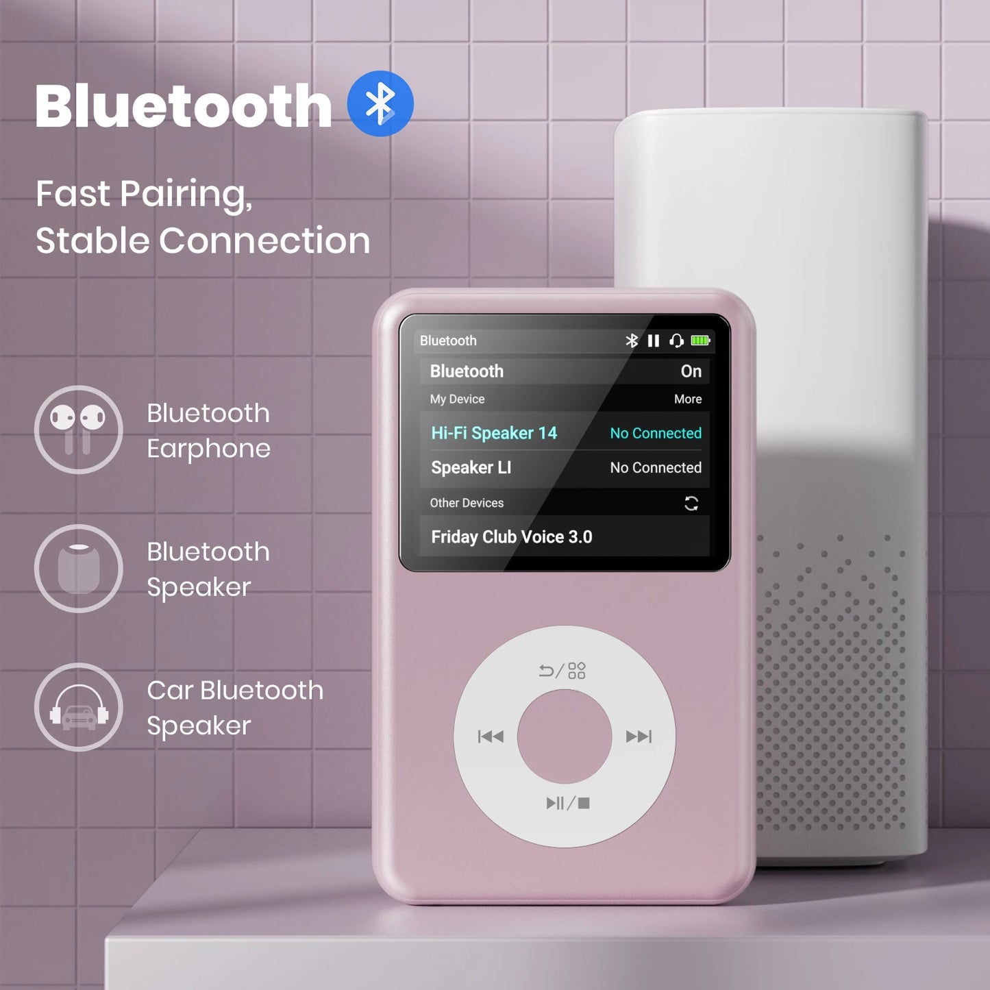 HiFi MP3 Player with Bluetooth Video FM Radio 128GB Storage Pink