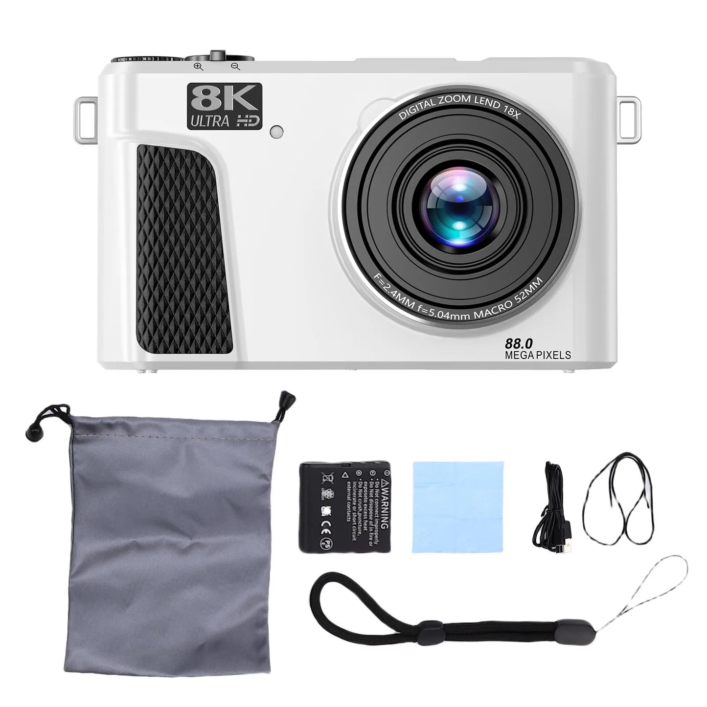8K 88MP WiFi Digital Camera White 18x Zoom Flip Screen