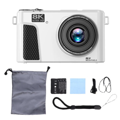 8K 88MP WiFi Digital Camera White 18x Zoom Flip Screen