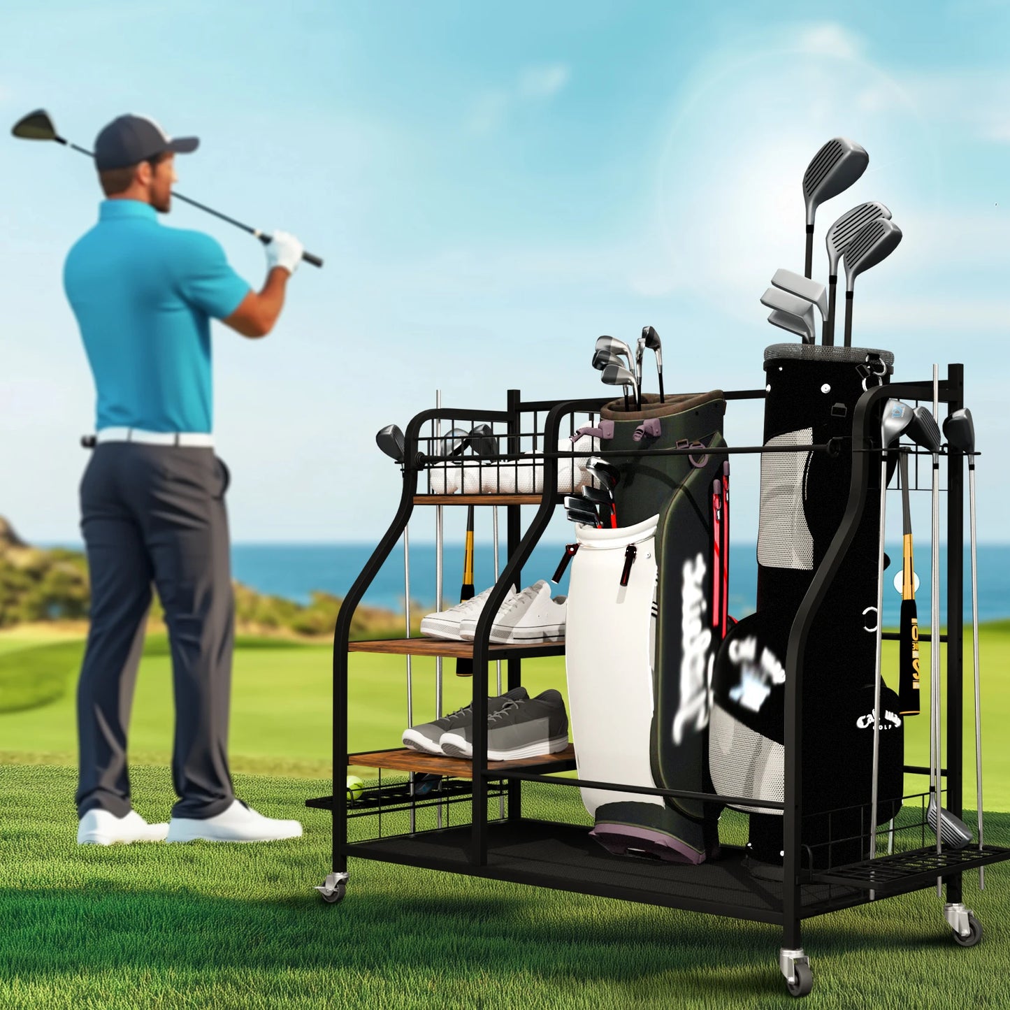 Rolling Golf Bag Storage Rack with Wheels Multi-Tier Organizer
